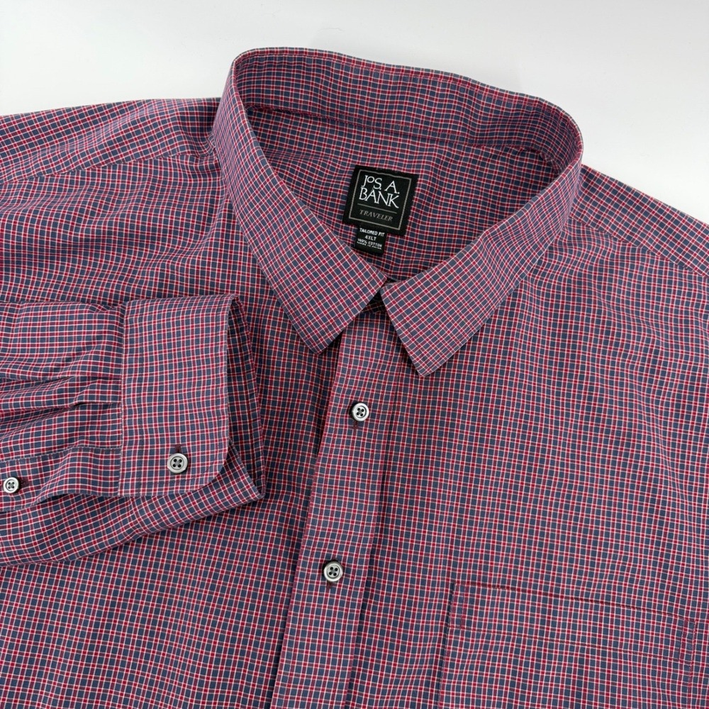 Jos. A. Bank Traveler Shirt Mens 4XLT Red Navy Blue Plaid Tailored Fit Cotton